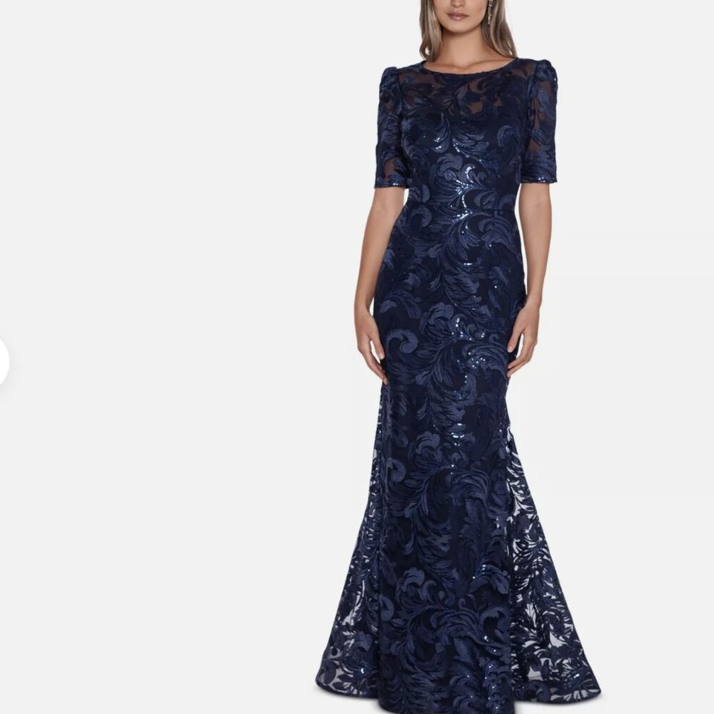 NWT Xscape Size 6 Sequin Gown With Illusion Neck Navy